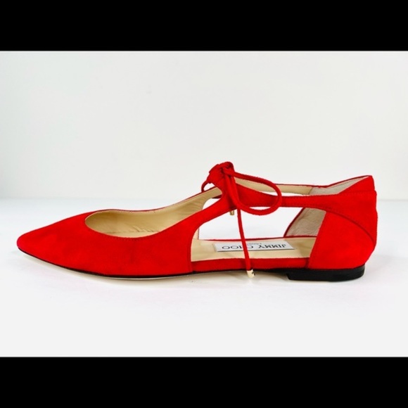 Jimmy Choo Vanessa Flat Red Suede Strap Lace Pointed Toe Ballet Flats Size 36.5 - Picture 7 of 11